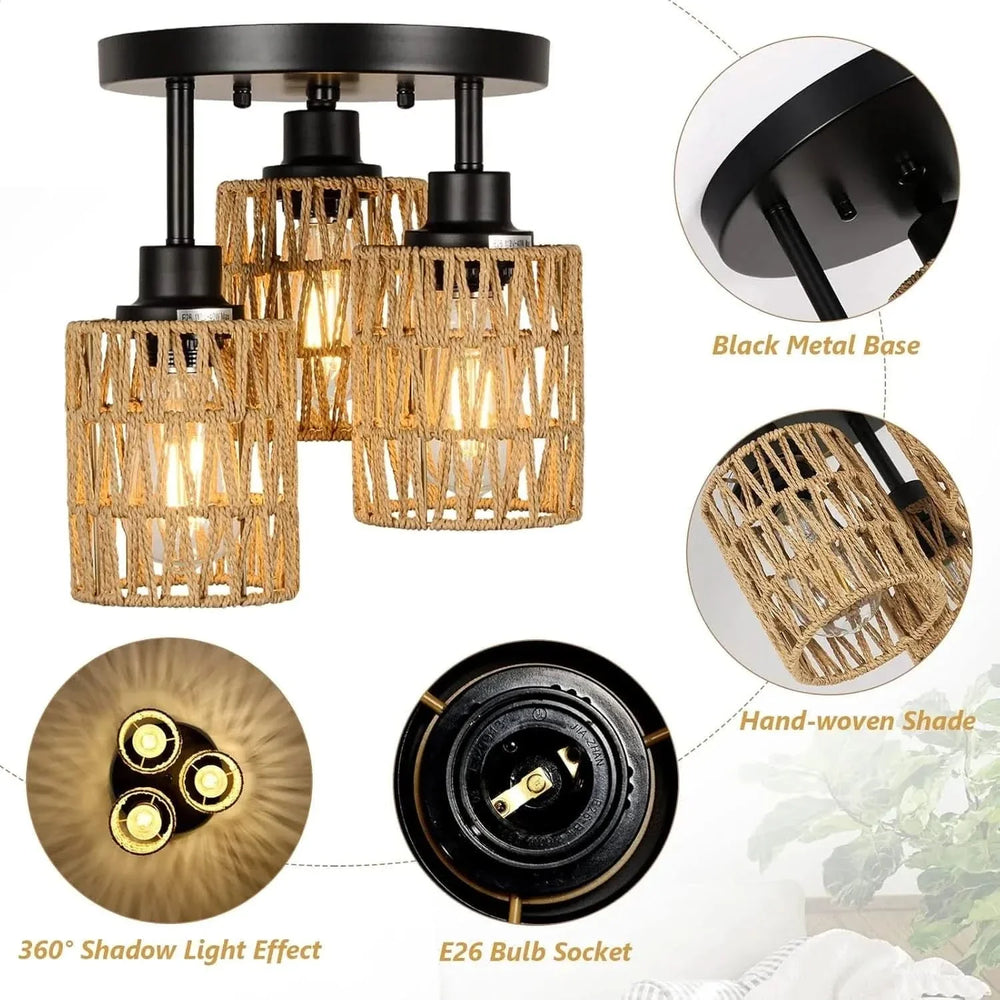 Rattan Ceiling Light Rattan & Metal Boho Style Living Room Fixture Media 3