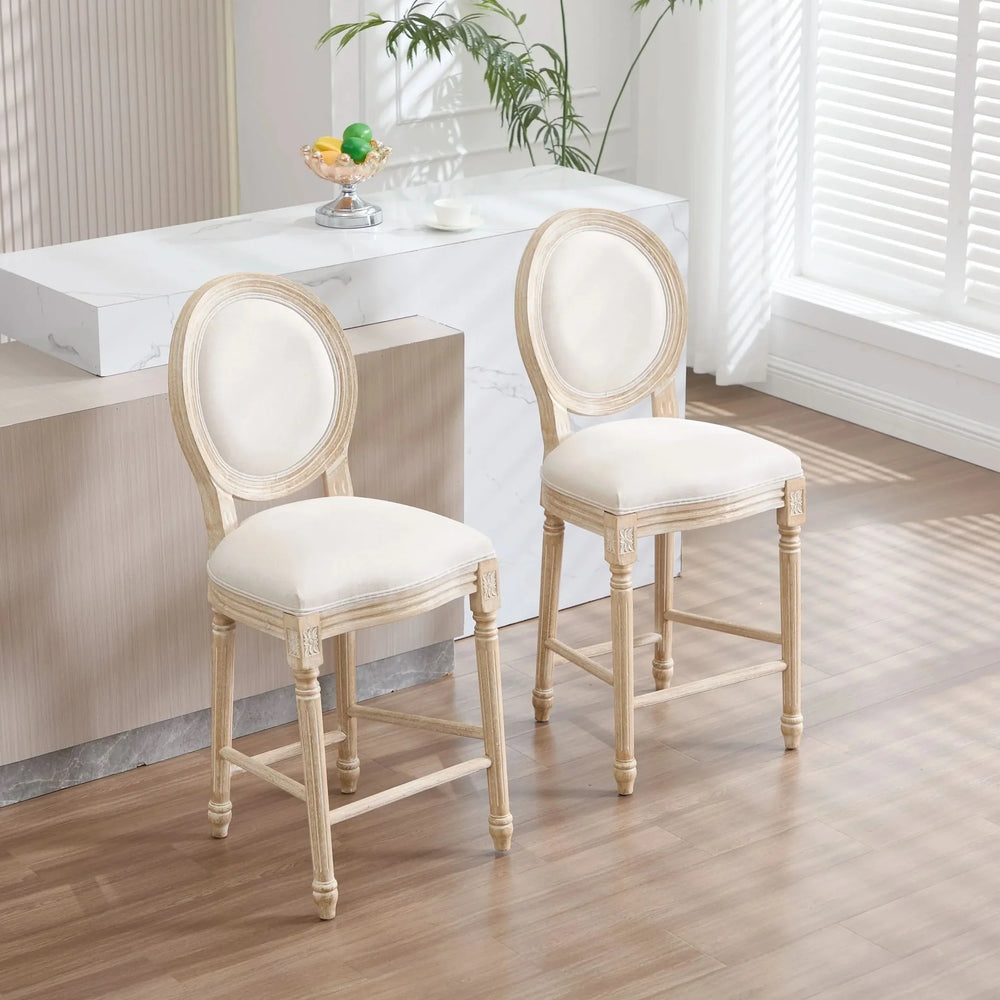 French Country Bar Chairs Cotton Linen Upholstery Round Back Beige Media 10