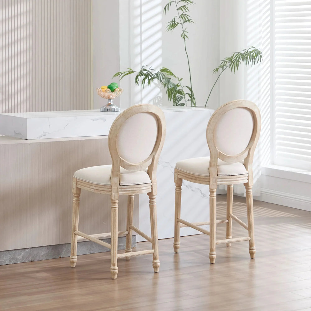 French Country Bar Chairs Cotton Linen Upholstery Round Back Beige Media 15