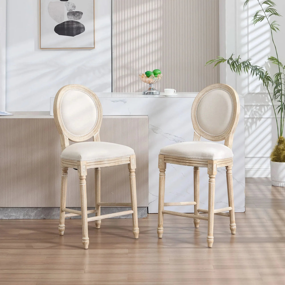 French Country Bar Chairs Cotton Linen Upholstery Round Back Beige Media 1
