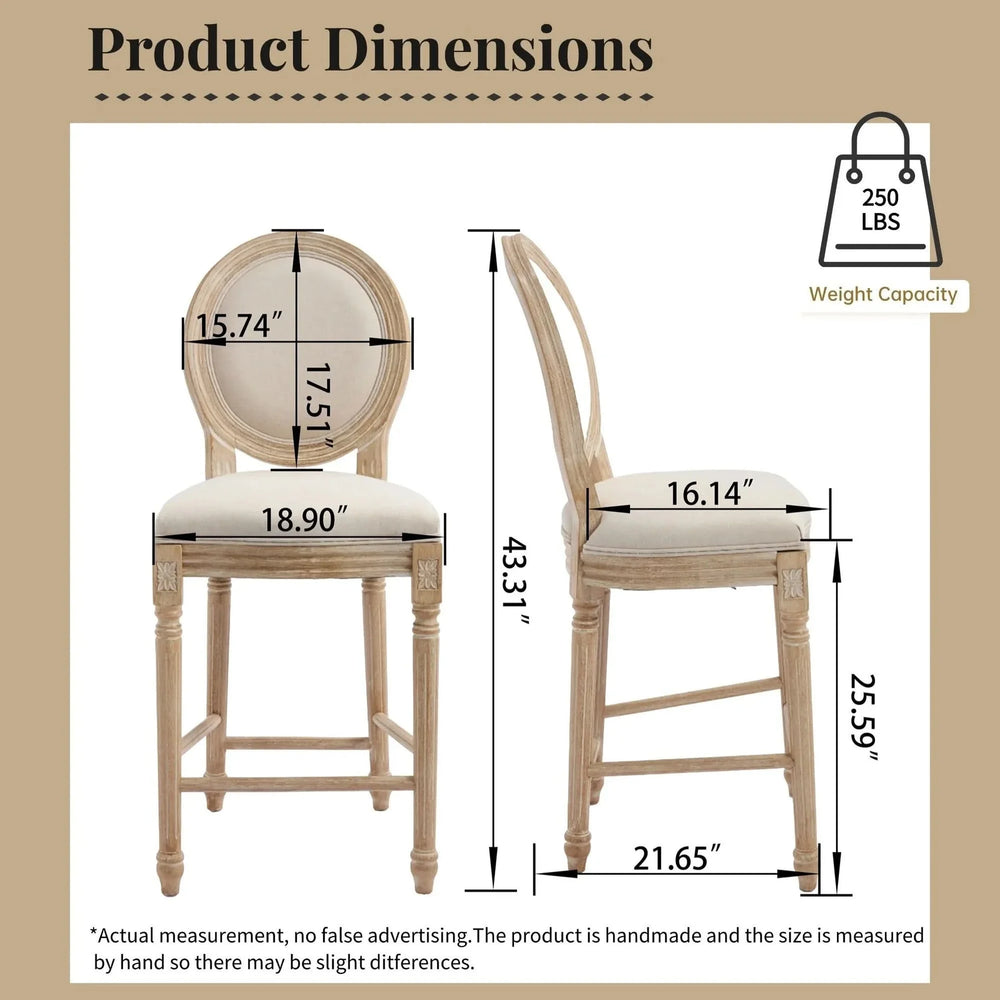 French Country Bar Chairs Cotton Linen Upholstery Round Back Beige Media 8