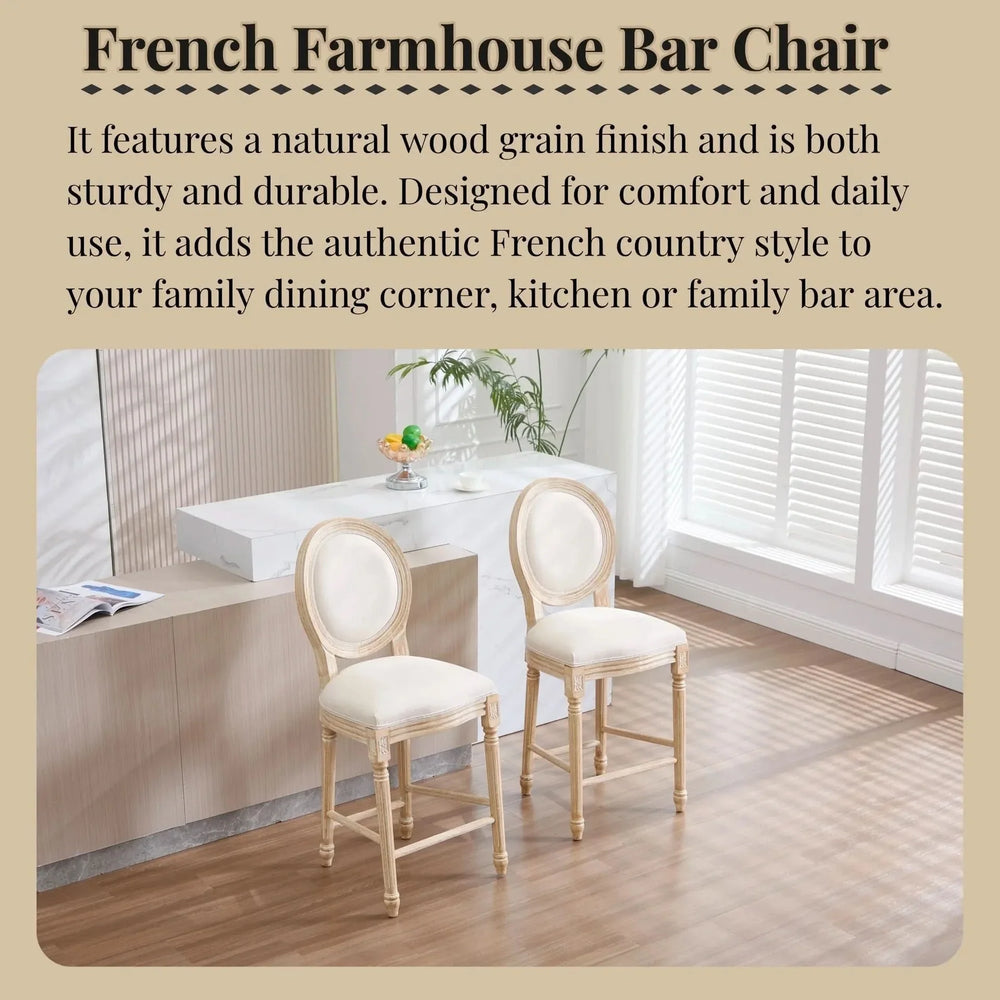 French Country Bar Chairs Cotton Linen Upholstery Round Back Beige Media 2