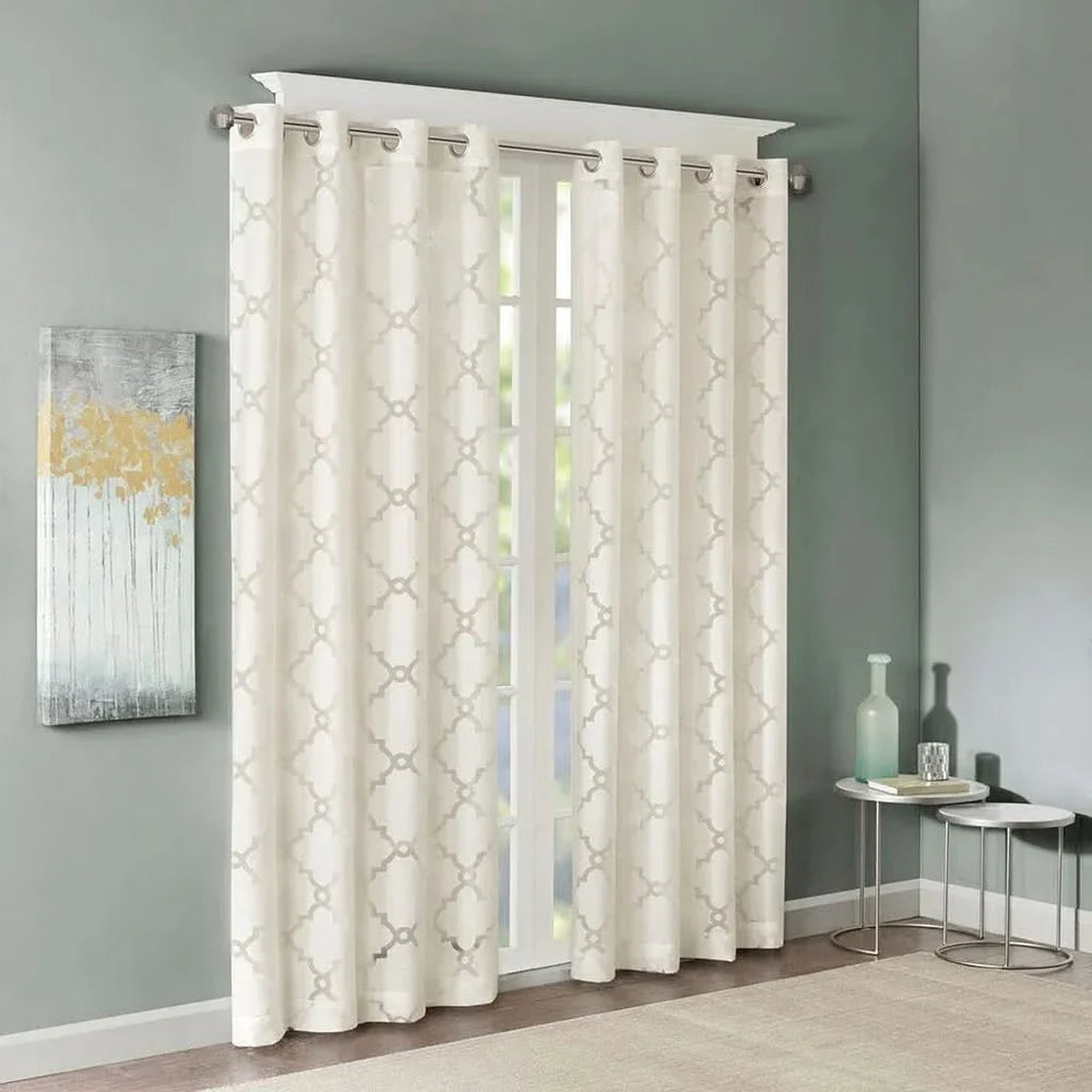 Fretwork Burnout Curtain Polyester Ivory Panel For Living Room Decor Media 2