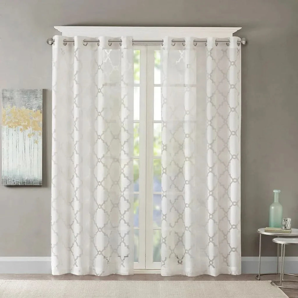 White Fretwork Burnout Curtain Polyester Light-Filtering Panel Living Room Media 5