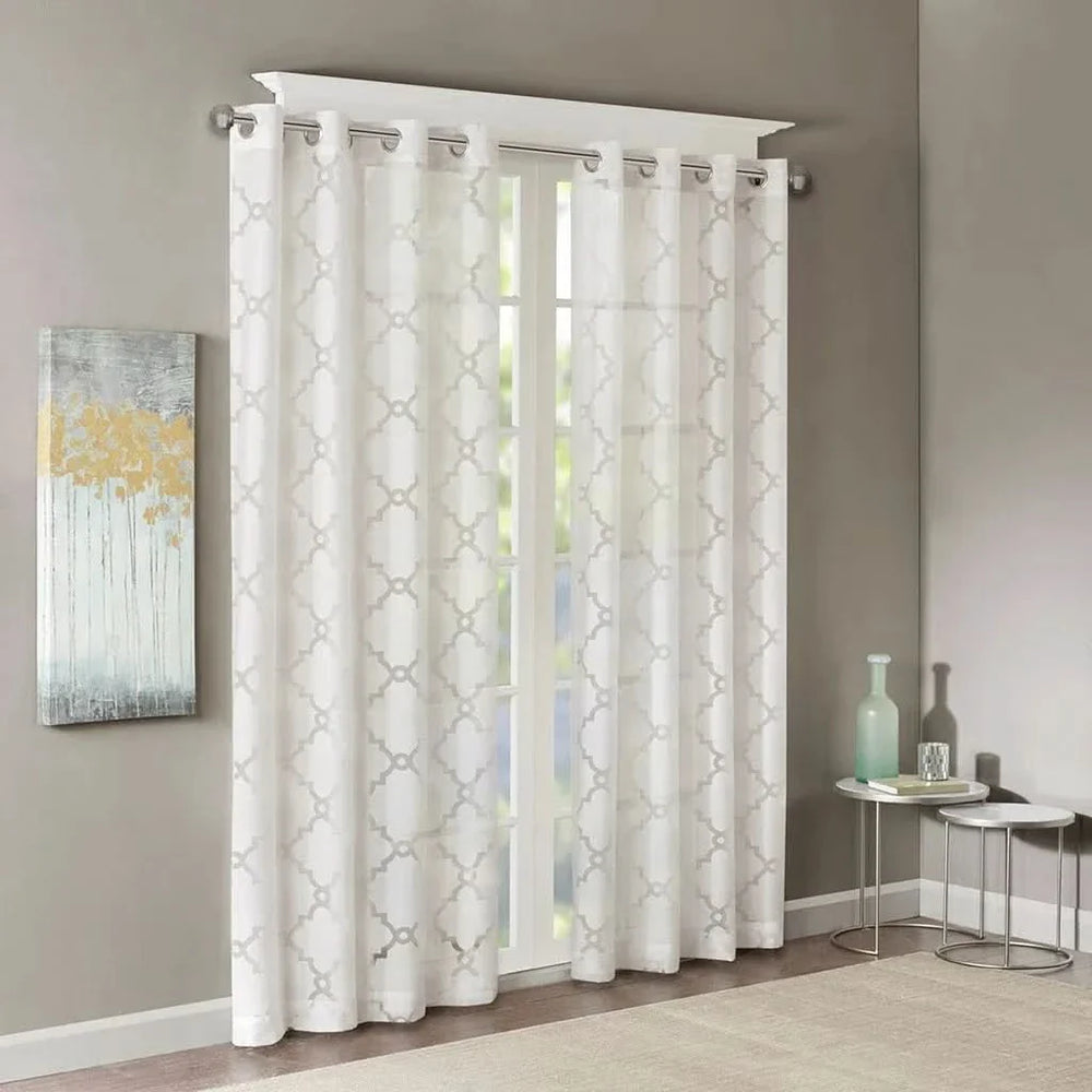 White Fretwork Burnout Curtain Polyester Light-Filtering Panel Living Room Media 1