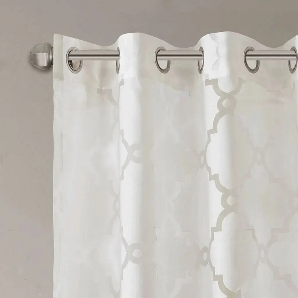 Fretwork Burnout Curtain White Polyester Sheer Panel For Living Room Windows Media 2