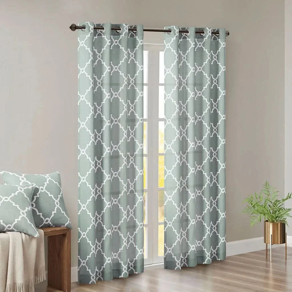 Fretwork Print Curtain Polyester Grommet Top Seafoam & White Panel Media 9