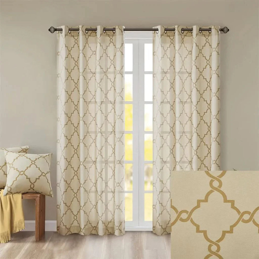 Fretwork Print Curtain Polyester Beige & Gold Grommet Top Window Panel Media 5