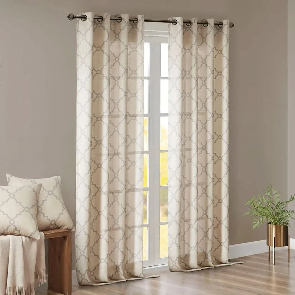 Window Curtain Panel Polyester Grommet Top Fretwork Print Beige Grey Media 9