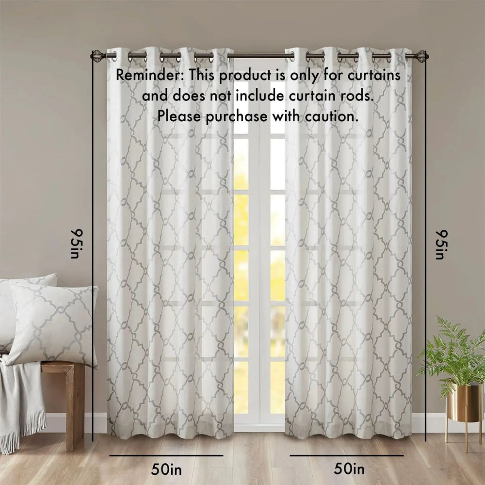 Fretwork Print Curtain Panel Polyester Grommet Top Ivory Grey 95x50 Media 3