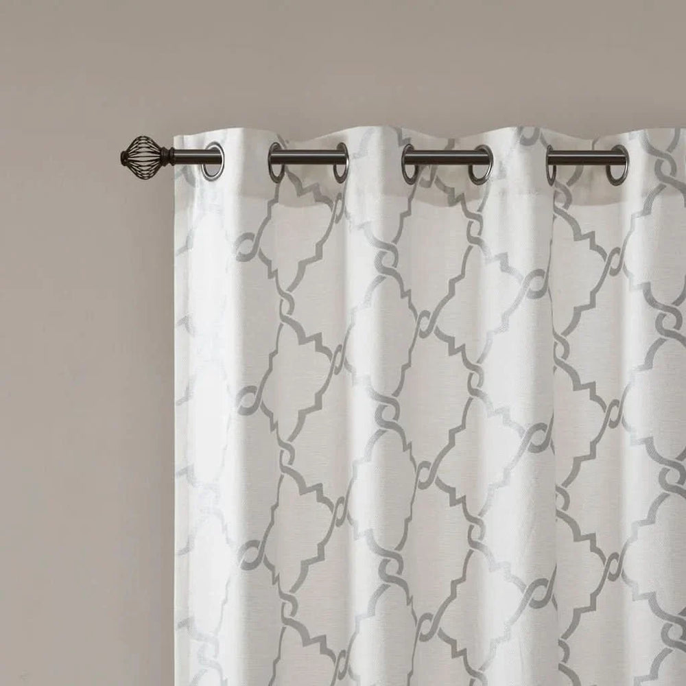Geometric Fretwork Window Curtain Panel Polyester Grommet Top Ivory Grey Media 10