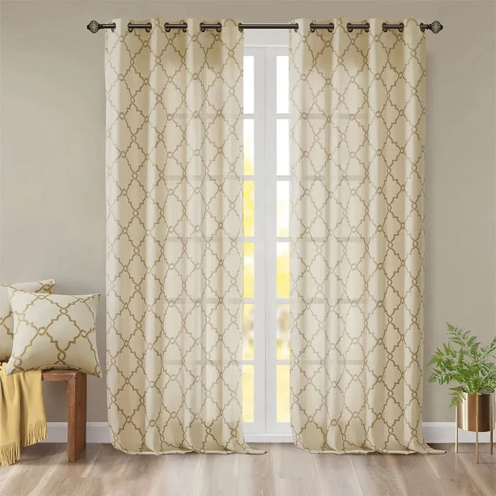 Fretwork Print Curtain Polyester Beige & Gold Grommet Top Window Panel Media 10