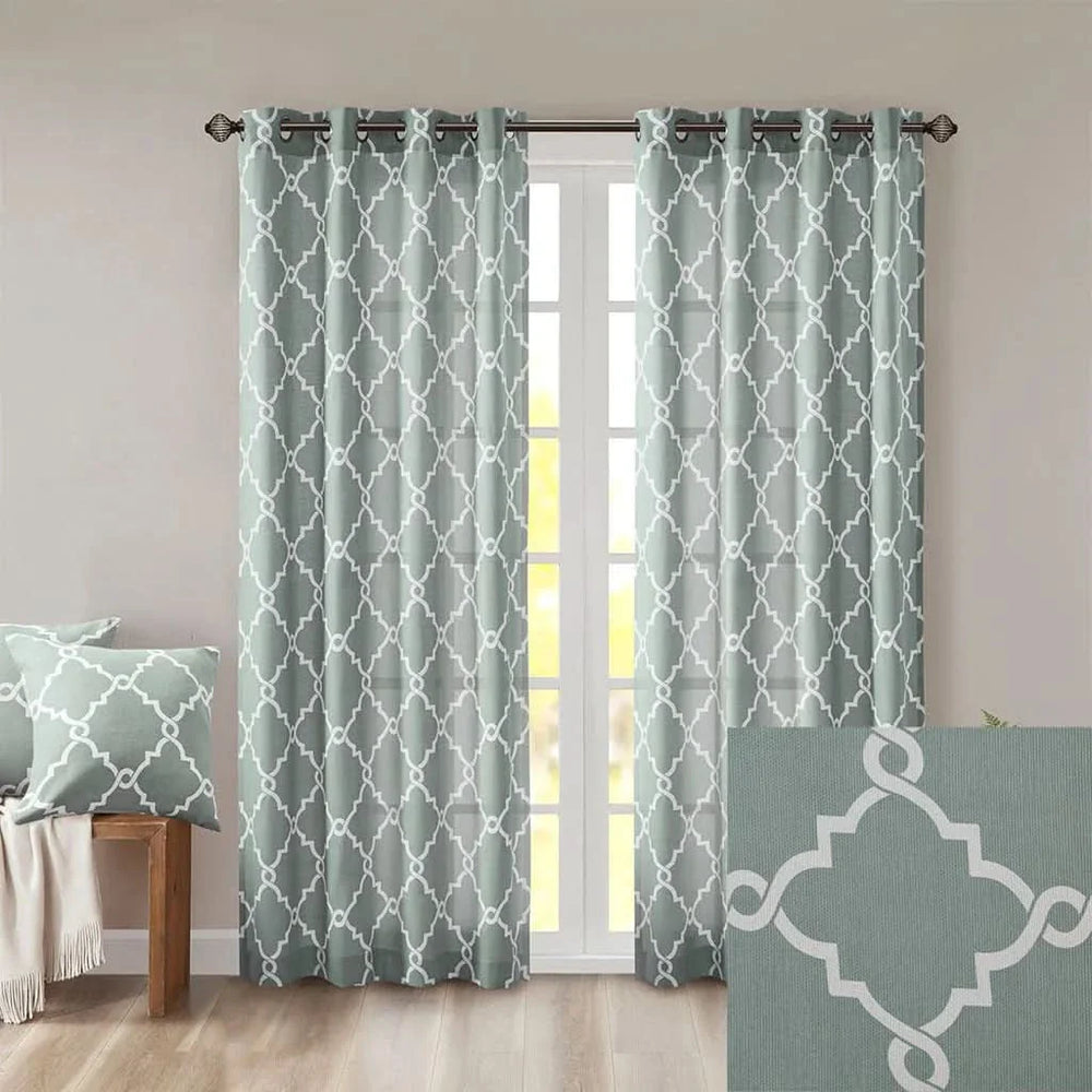 Fretwork Print Curtain Polyester Grommet Top Seafoam & White Panel Media 7