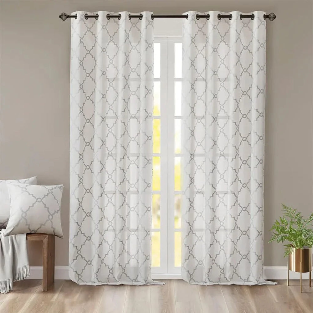 Geometric Fretwork Window Curtain Panel Polyester Grommet Top Ivory Grey Media 12
