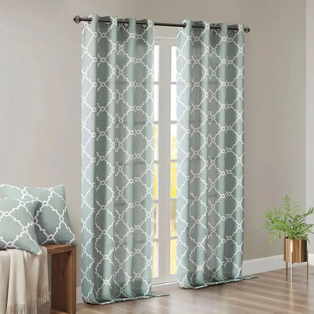 Fretwork Curtain Grommet Top Polyester Seafoam & White Window Panel Media 4