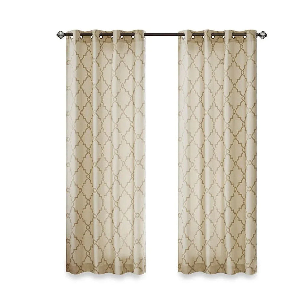 Beige Gold Geometric Fretwork Window Curtain Polyester Grommet Top Media 3