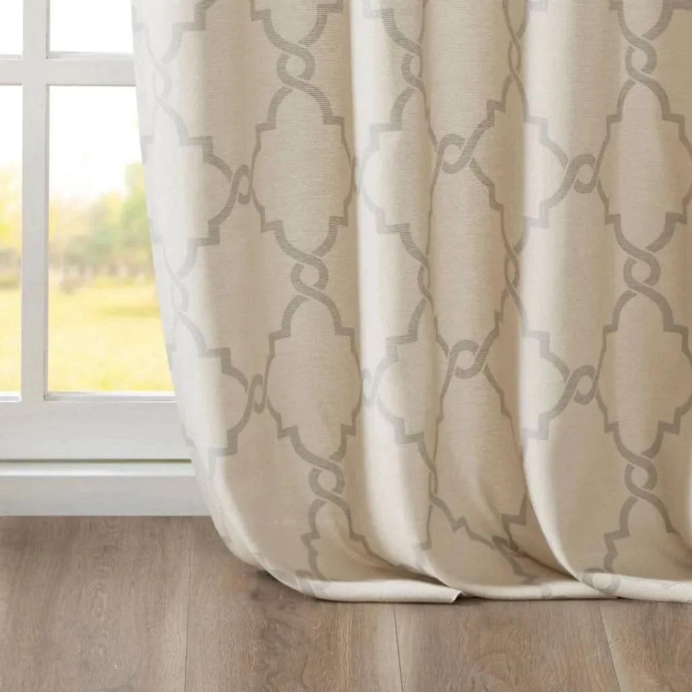 Fretwork Print Window Curtain Beige Grey Polyester Grommet Top Panel Media 9