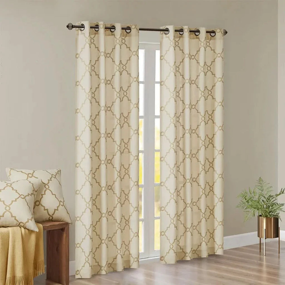 Fretwork Print Curtain Polyester Beige & Gold Grommet Top Window Panel Media 9