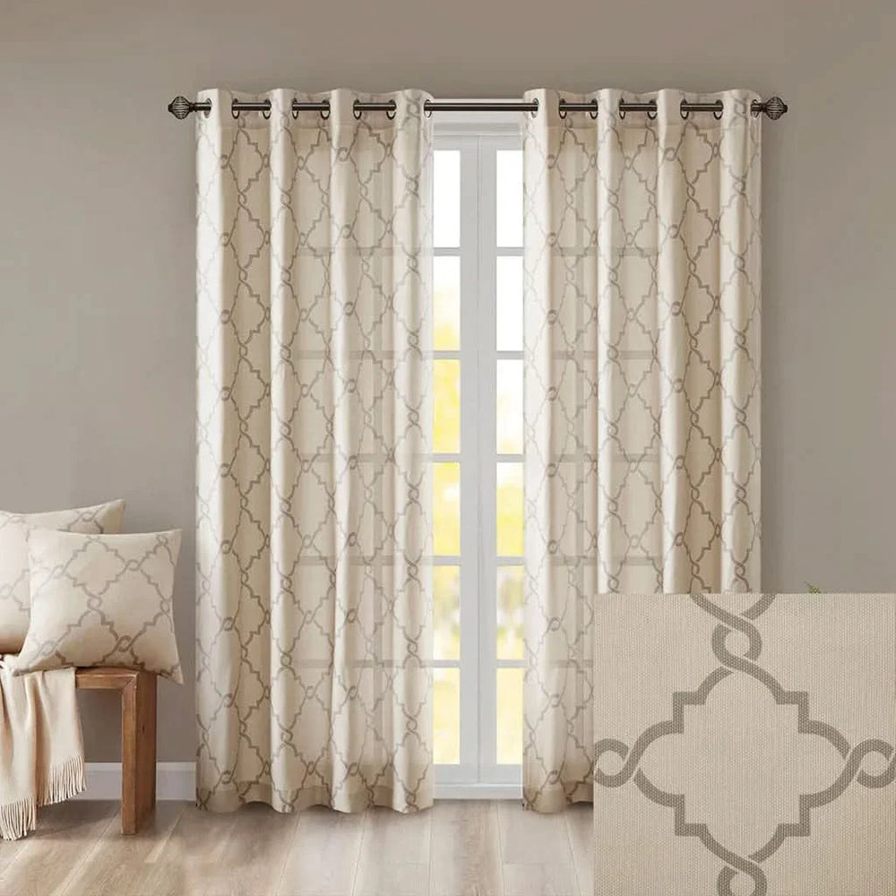 Fretwork Curtain Polyester Beige & Grey Grommet Top Window Drapery Media 9