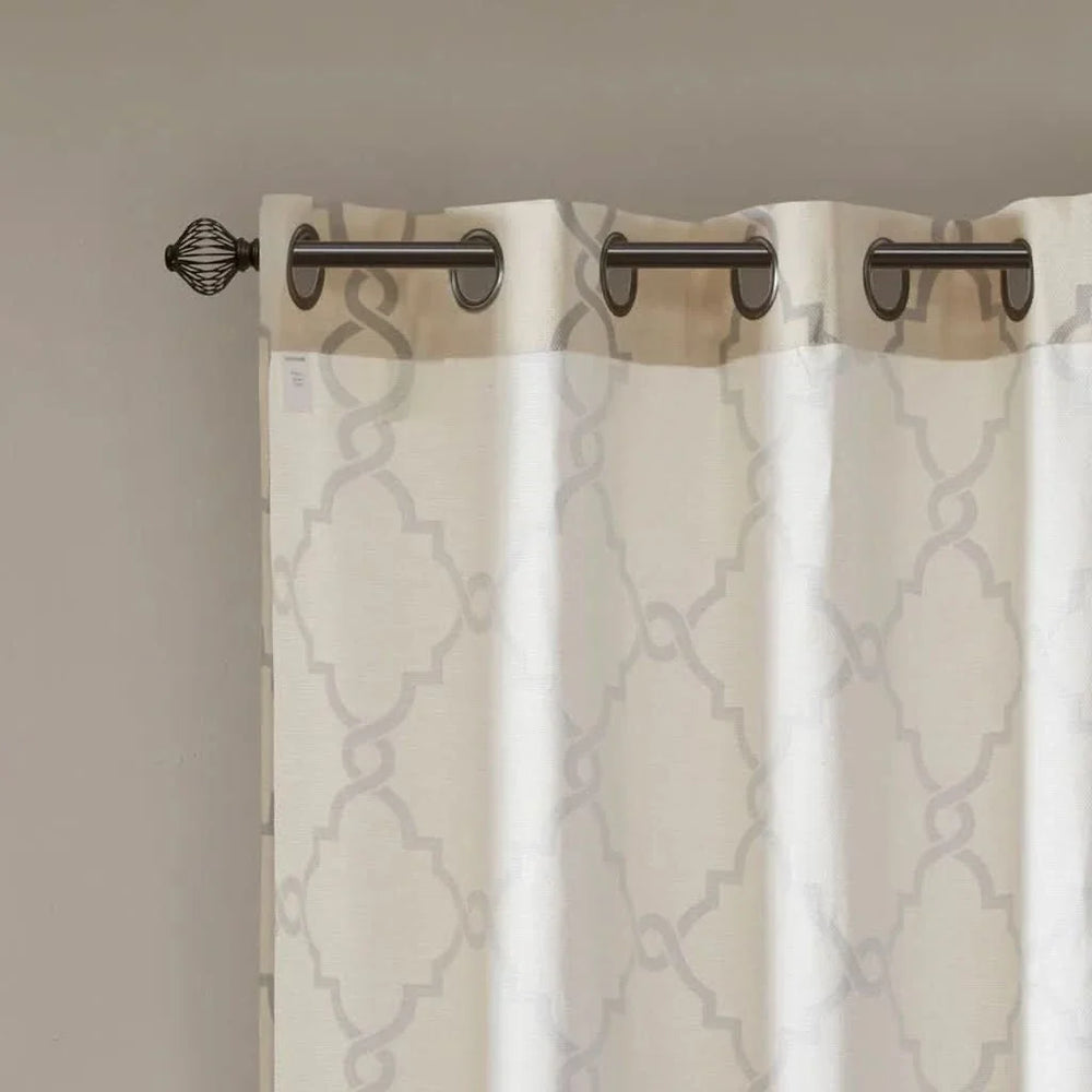 Window Curtain Panel Polyester Grommet Top Fretwork Print Beige Grey Media 11