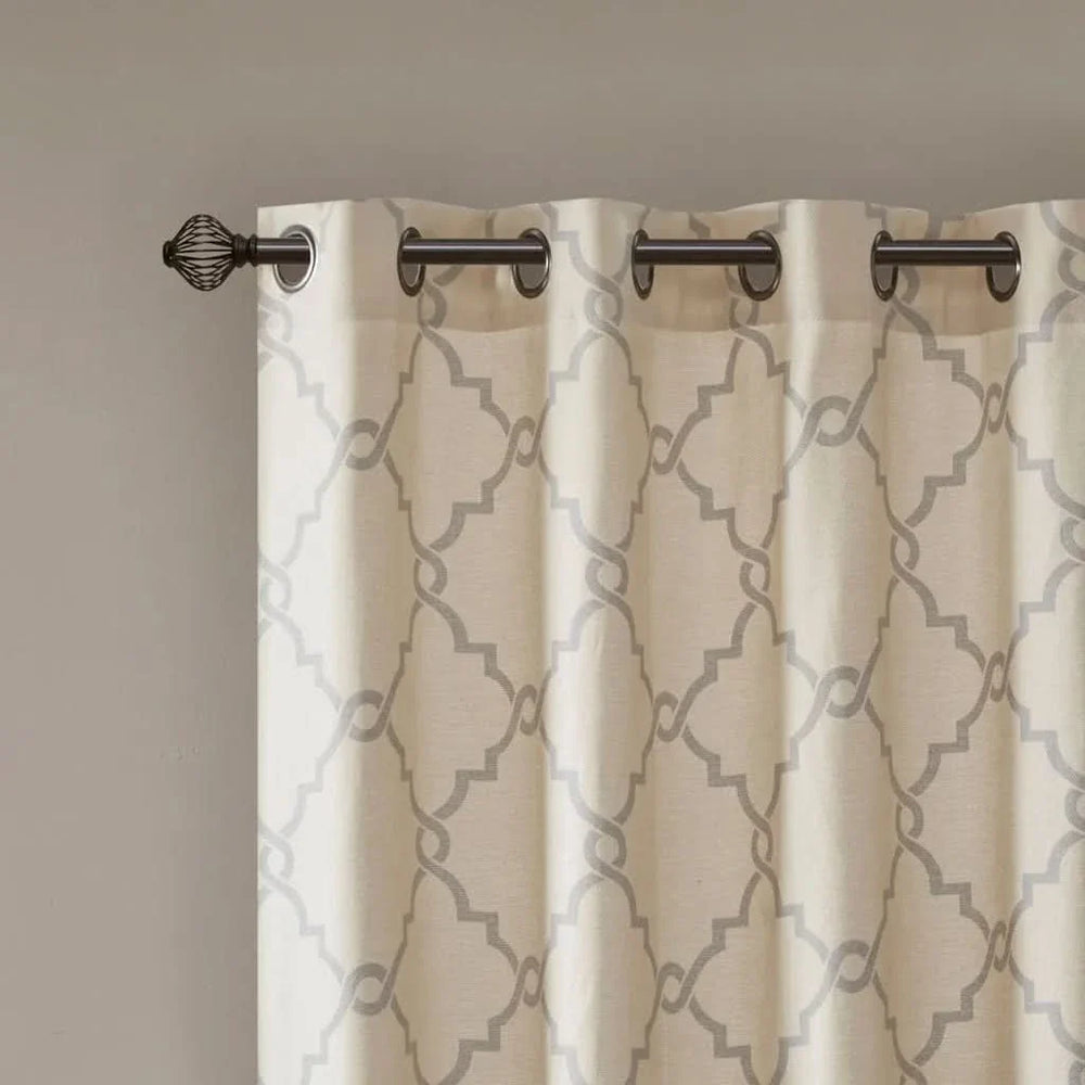 Fretwork Curtain Polyester Beige & Grey Grommet Top Window Drapery Media 4