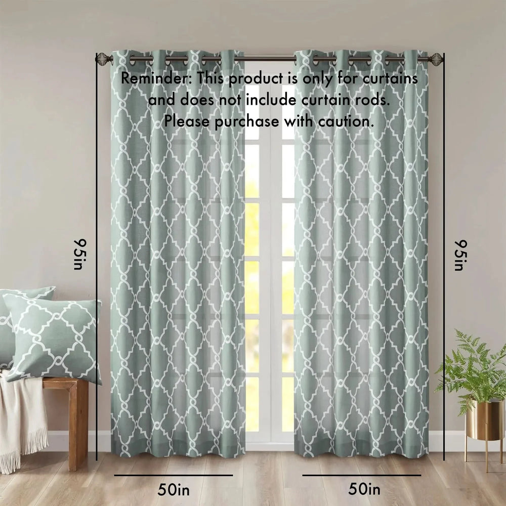 Fretwork Print Curtain Polyester Grommet Top Seafoam & White Panel Media 2