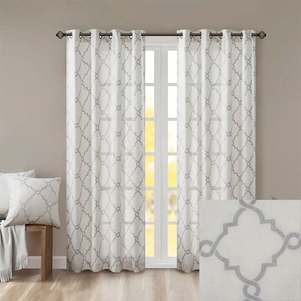 Geometric Fretwork Window Curtain Panel Polyester Grommet Top Ivory Grey Media 7