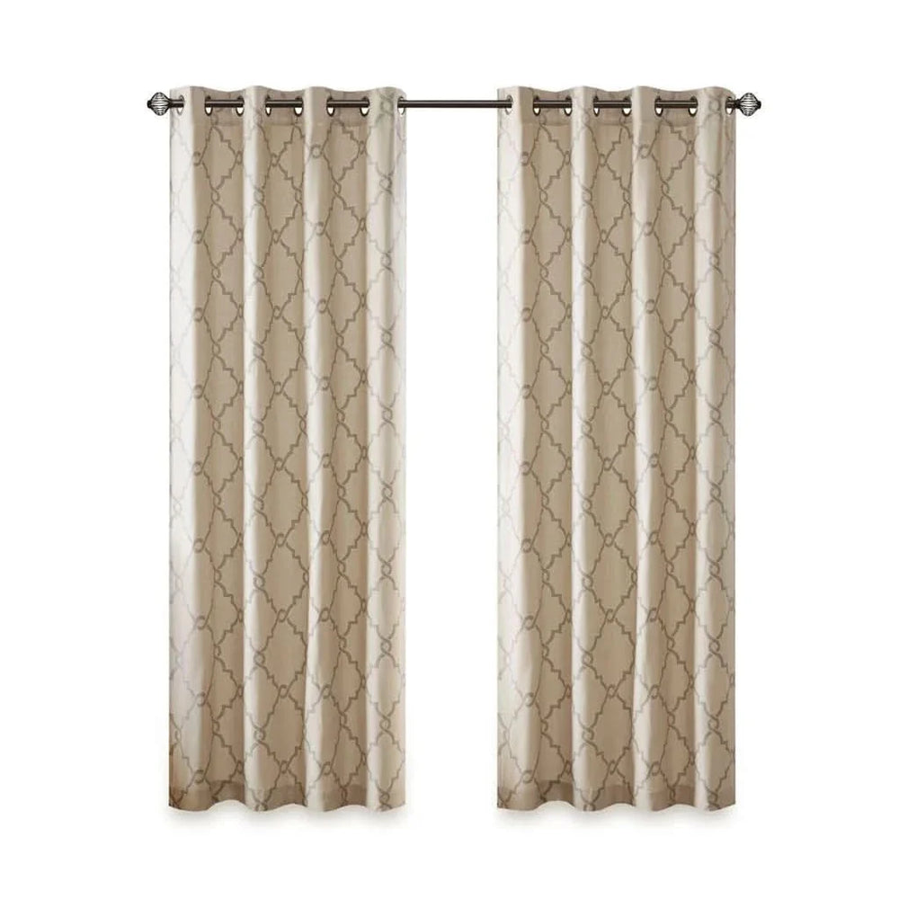 Fretwork Curtain Polyester Beige & Grey Grommet Top Window Drapery Media 5