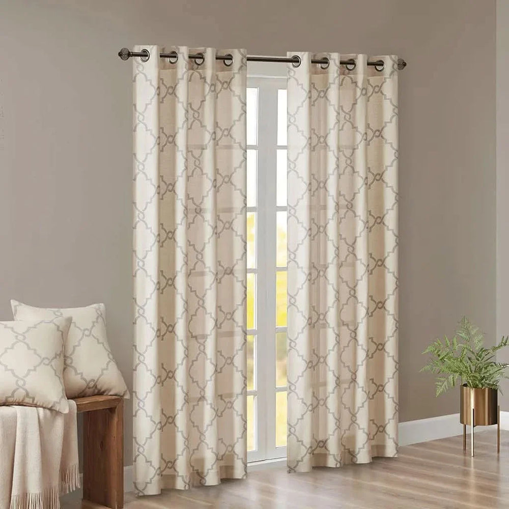 Window Curtain Panel Polyester Grommet Top Fretwork Print Beige Grey Media 4