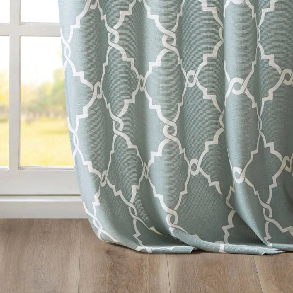 Fretwork Print Curtain Polyester Grommet Top Seafoam & White Panel Media 6