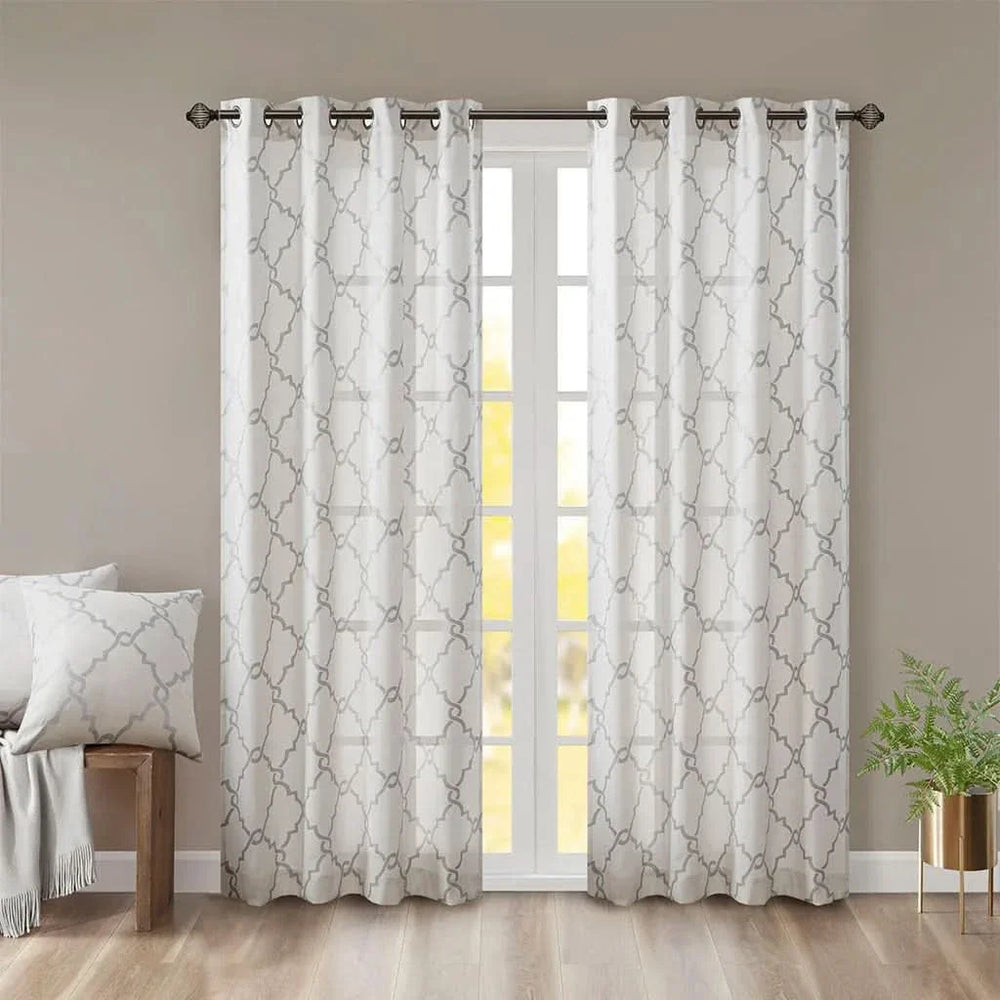 Fretwork Print Curtain Panel Polyester Grommet Top Ivory Grey 95x50 Media 1