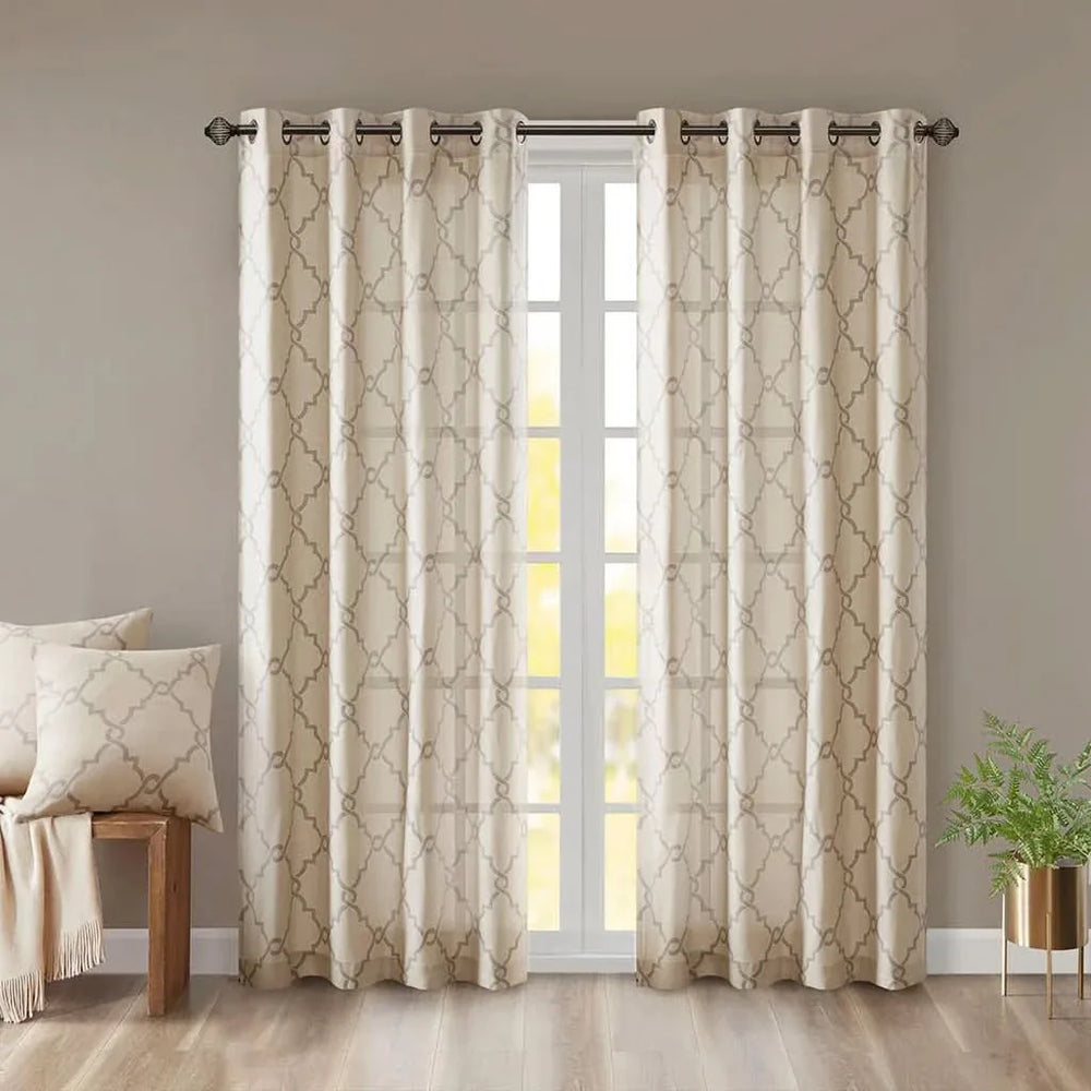 Window Curtain Panel Polyester Grommet Top Fretwork Print Beige Grey Media 1