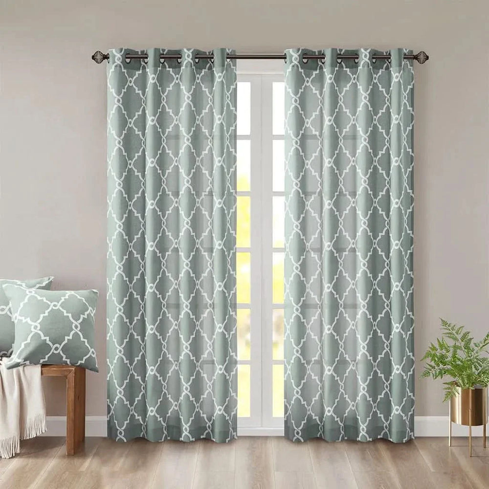 Fretwork Print Curtain Polyester Grommet Top Seafoam & White Panel Media 1