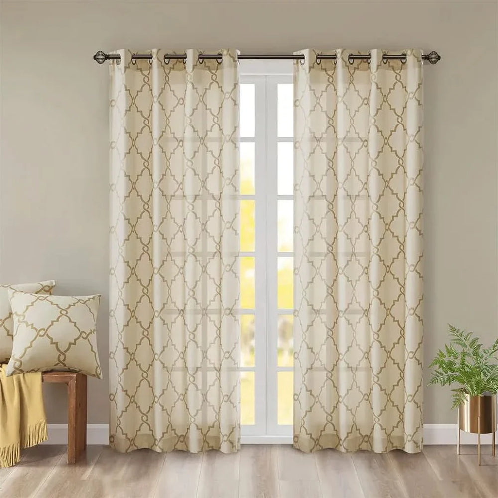 Fretwork Print Curtain Polyester Beige & Gold Grommet Top Window Panel Media 1