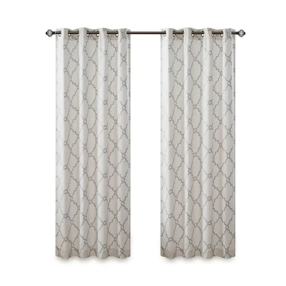 Fretwork Print Curtain Panel Polyester Grommet Top Ivory Grey 95x50 Media 2