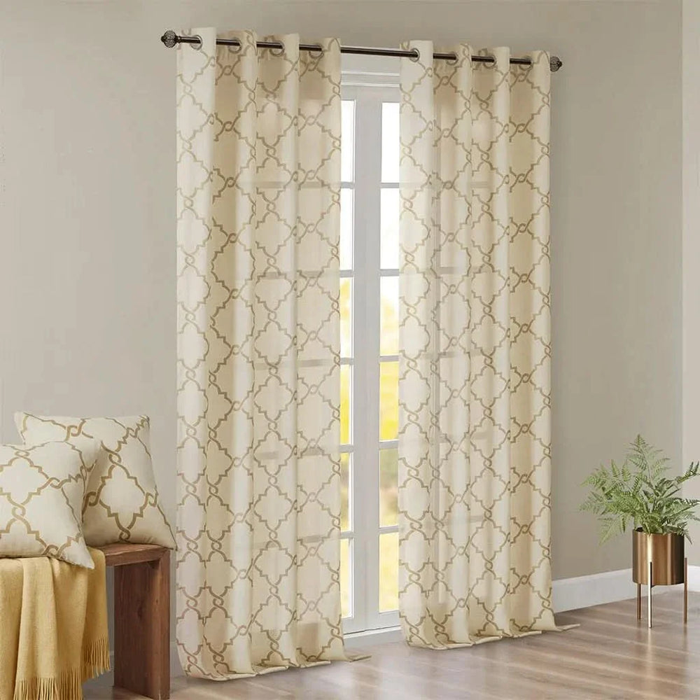 Beige Gold Geometric Fretwork Window Curtain Polyester Grommet Top Media 11