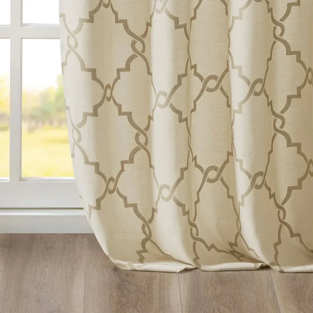 Beige Gold Geometric Fretwork Window Curtain Polyester Grommet Top Media 4