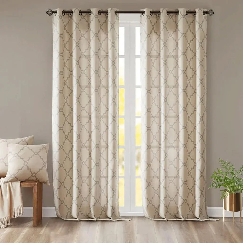 Fretwork Print Window Curtain Beige Grey Polyester Grommet Top Panel Media 12