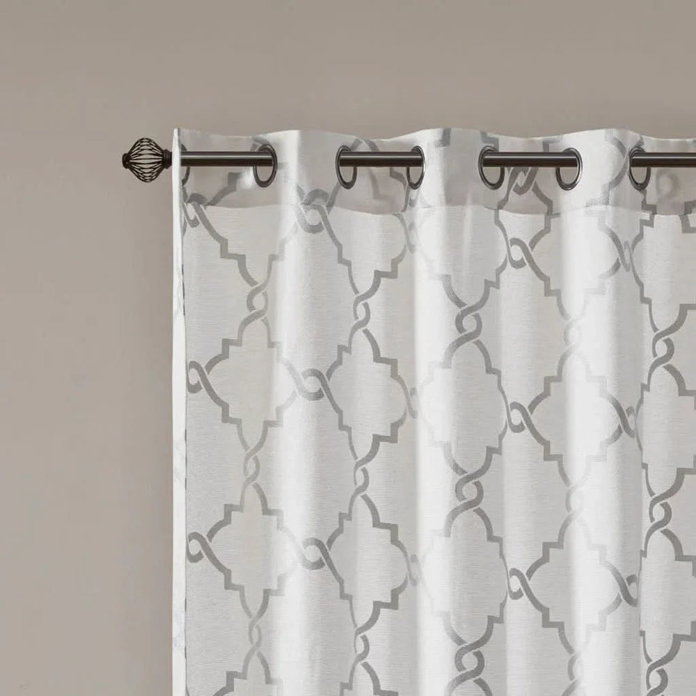 Fretwork Print Curtain Panel Polyester Grommet Top Ivory Grey 95x50 Media 4