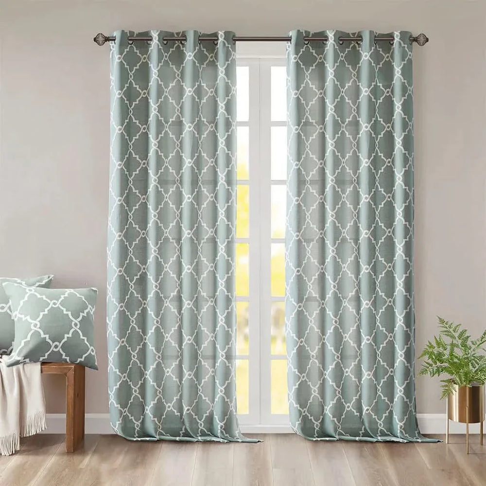 Fretwork Curtain Grommet Top Polyester Seafoam & White Window Panel Media 12