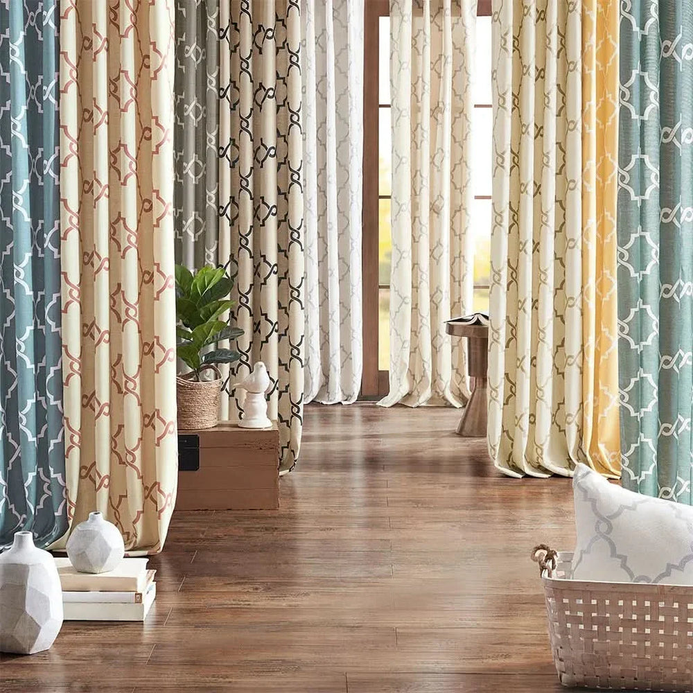 Beige Gold Geometric Fretwork Window Curtain Polyester Grommet Top Media 12