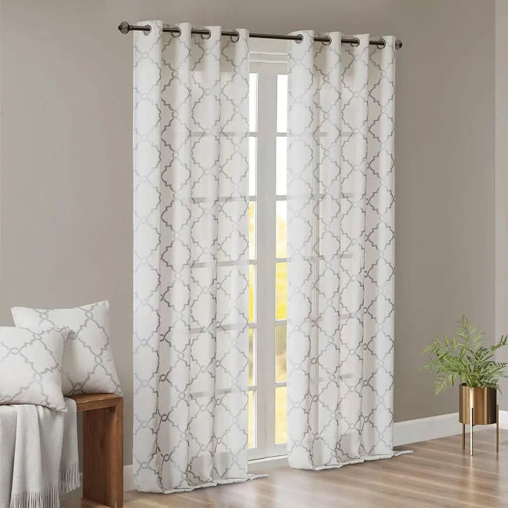 Geometric Fretwork Window Curtain Panel Polyester Grommet Top Ivory Grey Media 11