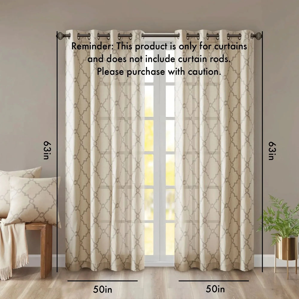 Fretwork Curtain Polyester Beige & Grey Grommet Top Window Drapery Media 3