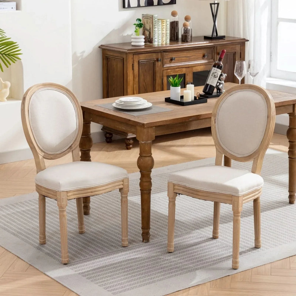 French Antique Dining Chair Solid Wood Frame Linen Upholstery Set Of 2 Media 1