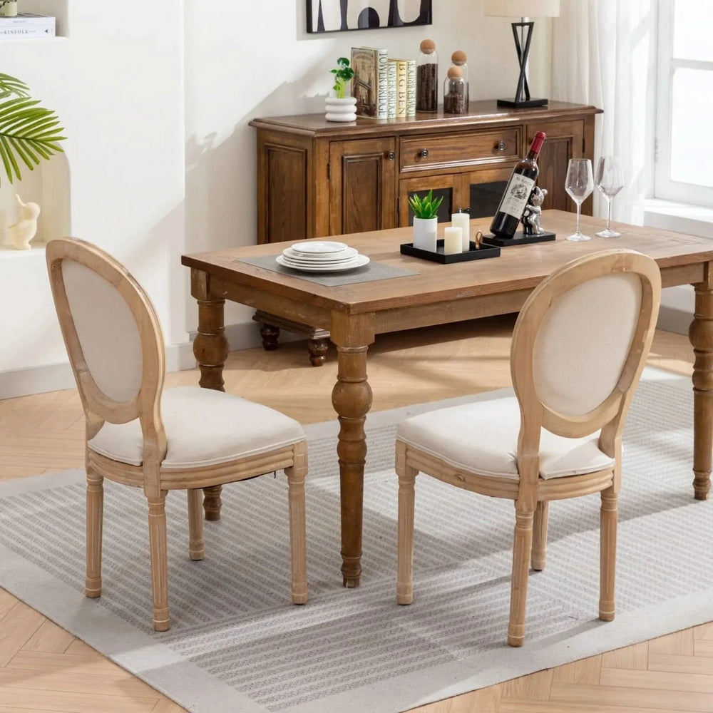 French Antique Dining Chair Solid Wood Frame Linen Upholstery Set Of 2 Media 14