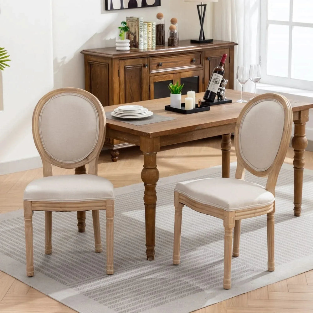 French Antique Dining Chair Solid Wood Frame Linen Upholstery Set Of 2 Media 12