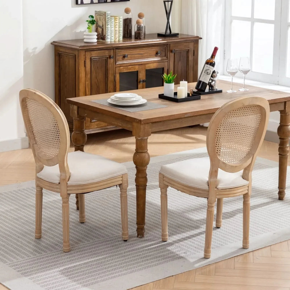 Dining Chair Solid Wood Frame & Rattan Back Linen Seat French Style Set 2 Media 13