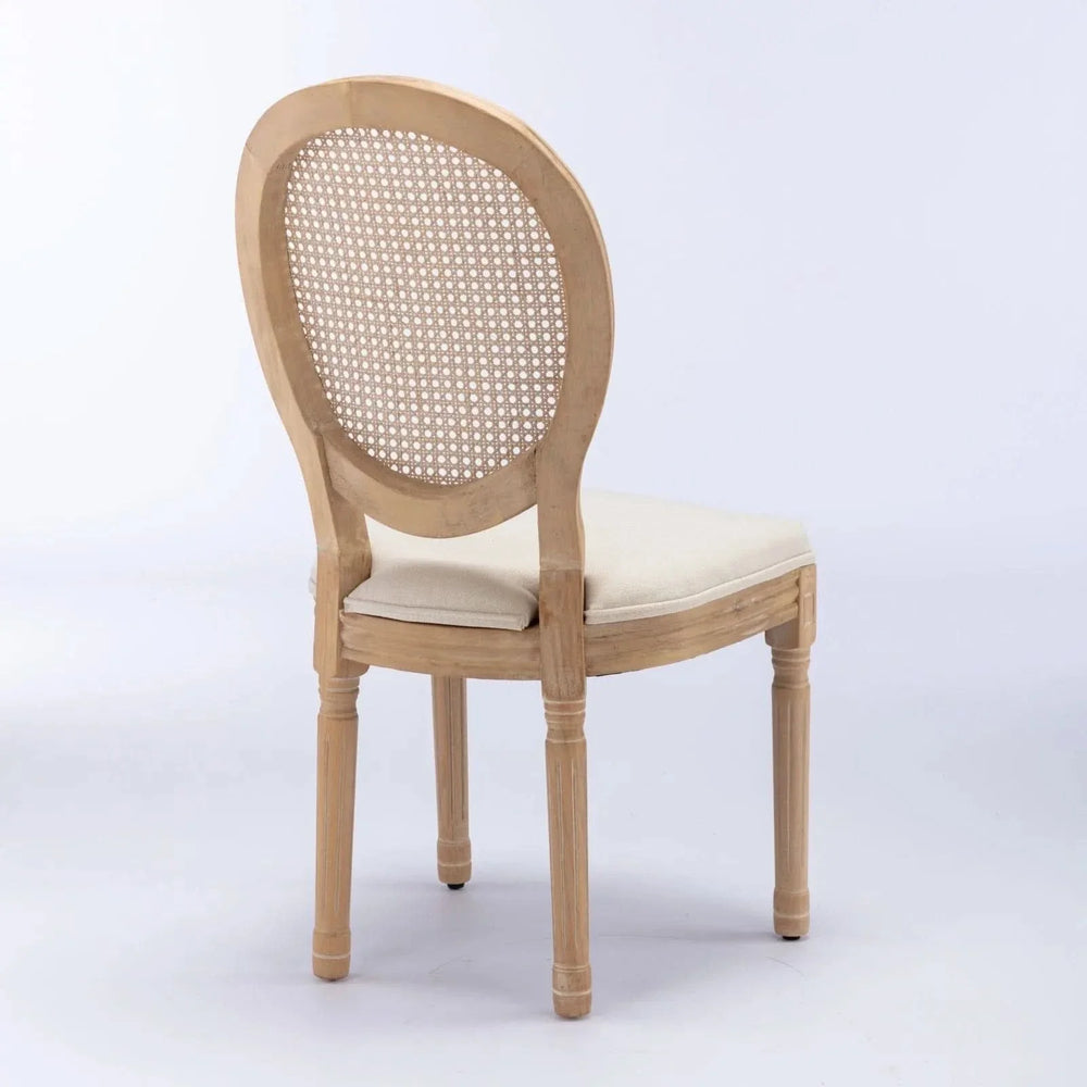 Dining Chair Solid Wood Frame & Rattan Back Linen Seat French Style Set 2 Media 5