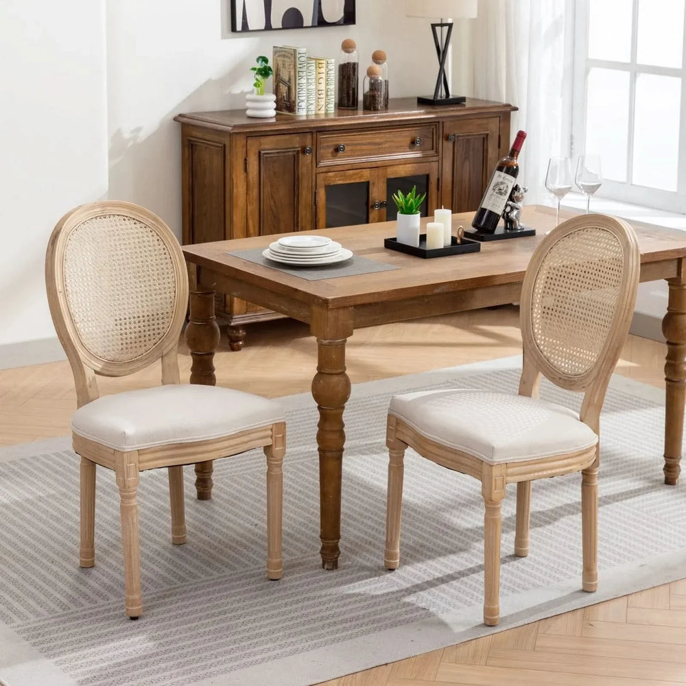 Dining Chair Solid Wood Frame & Rattan Back Linen Seat French Style Set 2 Media 1