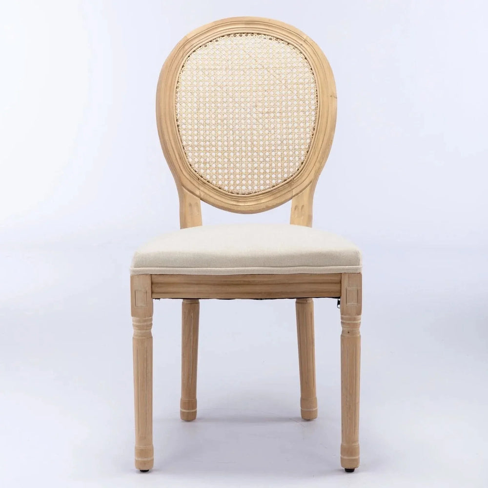Dining Chair Solid Wood Frame & Rattan Back Linen Seat French Style Set 2 Media 2